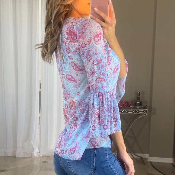 Paisley 70's Blue Pink Flare Sleeves Keyhole Top - Picture 3 of 6